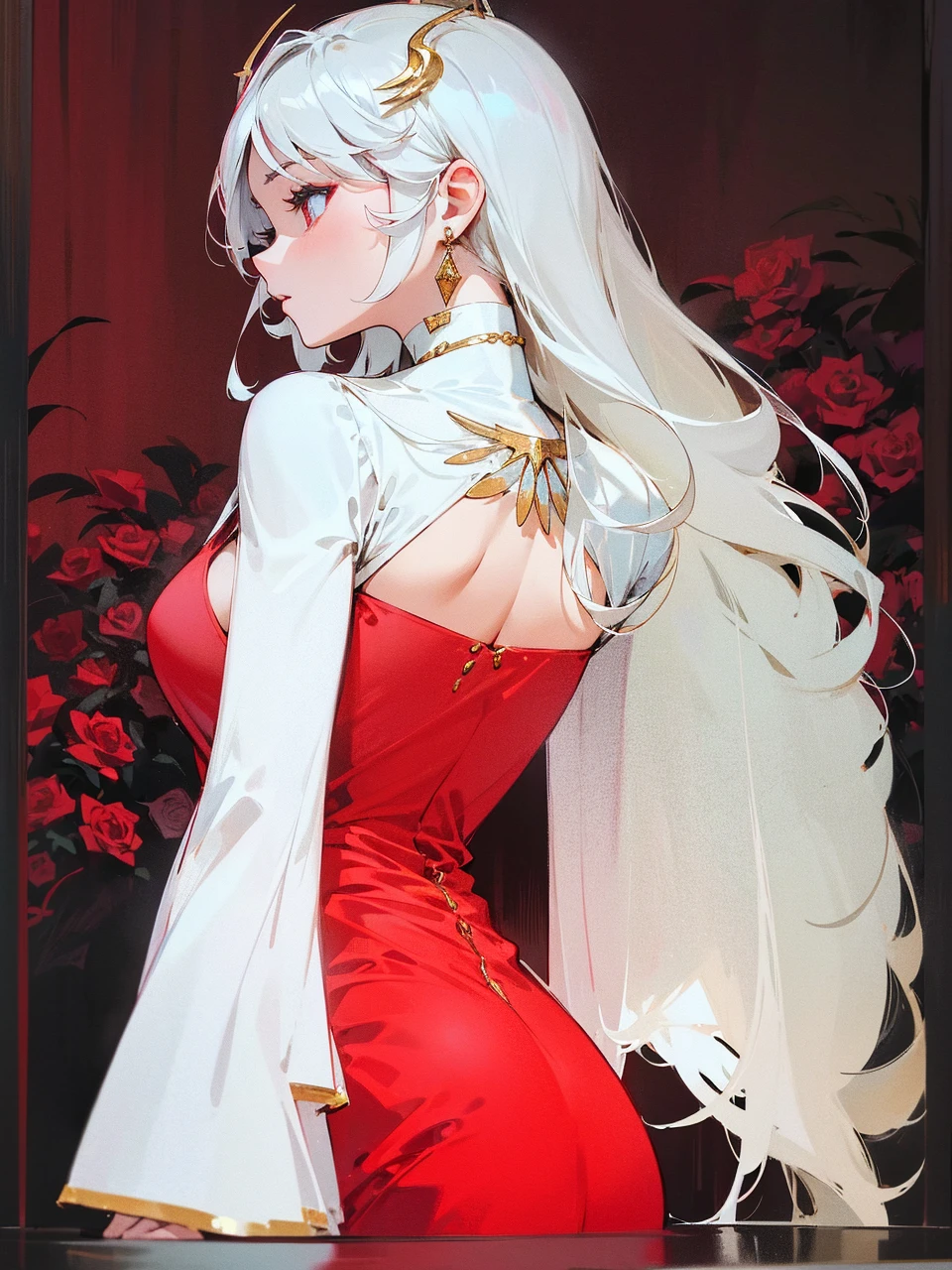Add in roses to her dress, a good back dress design with some golden jewelry, make her dress into a red and white gown with a hat, give her some unique Jewelry, and make her look somewhat of a demonic angel like appearance to her