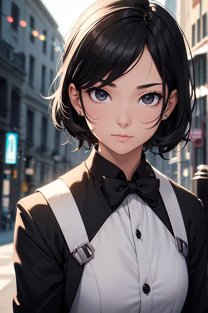 Simple White Background, 28-year-old, (((boy))), ((black hair)), ((very short hair)), ((black eyes:1.2)), big eyes, ((butler outfit)), ((black suit)), Beautiful body, Beautiful Nose,Beautiful character design, perfect eyes, perfect face,expressive eyes,perfect balance, looking at viewer,(Focus on her face),closed mouth, brown skin, (noir), detective, ballistic vest,(Light_Smile:0.3), official art,extremely detailed CG unity 8k wallpaper, perfect lighting,Colorful, Bright_Front_face_Lighting,White skin, (masterpiece:1.0),(best_quality:1.0), ultra high res,4K,ultra-detailed, photography, 8K, HDR, highres, absurdres:1.2, Kodak portra 400, film grain, blurry background, bokeh:1.2, lens flare, (vibrant_color:1.2),professional photograph,