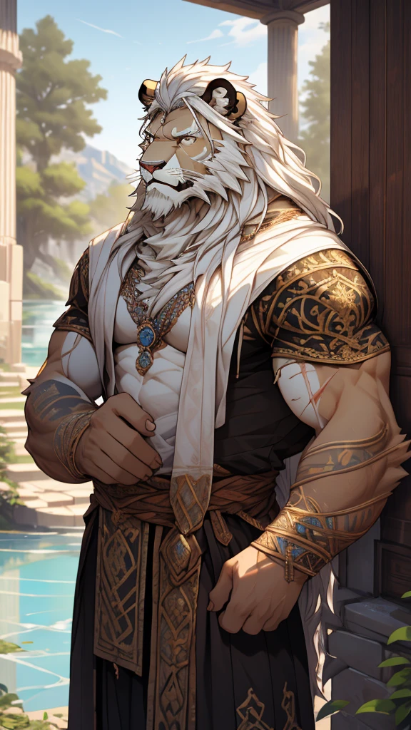 (masterpiece),(highres),(intricate details:1.4),extremely detailed,(illustration:1.2),8k,photorealistic,exquisite,solo,aged,elder male lion ,muscular, (Ancient Greek mythological style;1.8),manhood,safeguard,(white hair:1.3),long hair,long white beard,scar,badly damaged,hurt,broken body ,the icey frozen lake,bleeding ,suffering,naked body