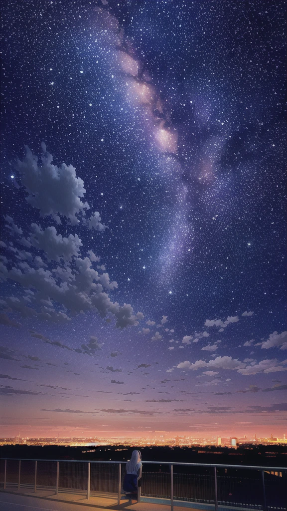 Octane, null, star (null), scenery, starry null, night, One girl, night null, alone, Outdoor, sign, building, cloud, milky way, Sitting, wood, Long Hair, city, silhouette, cityscape