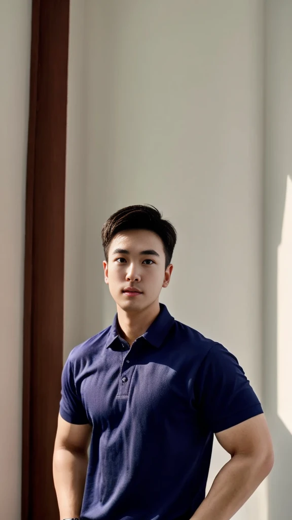 A male police officer in his 20s poses for a group photo., Wear a navy blue polo shirt., high resolution, Masterpiece, best quality, head:1.3,, Smooth and fine skin, clear focus, (movie light), during the night, gentle light, Dynamic angle, (detailed face:1.2), (((exercise))), sport, His arm muscles were very big., hand in crotch, in his bedroom ,natural and delicate,
