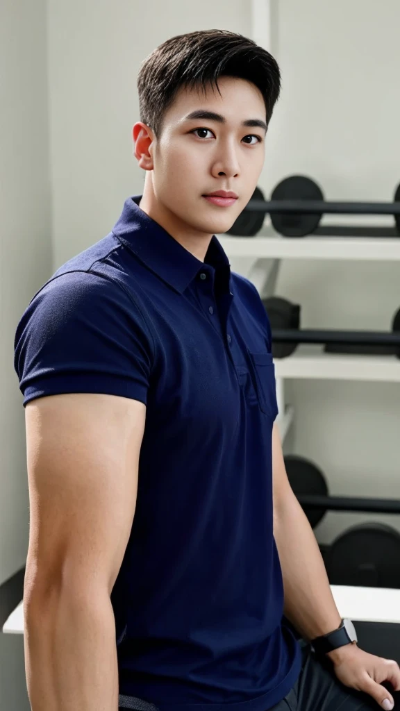 A male police officer in his 20s poses for a group photo., Wear a navy blue polo shirt., high resolution, Masterpiece, best quality, head:1.3,, Smooth and fine skin, clear focus, (movie light), during the night, gentle light, Dynamic angle, (detailed face:1.2), (((exercise))), sport, His arm muscles were very big., hand in crotch, in his bedroom ,natural and delicate,