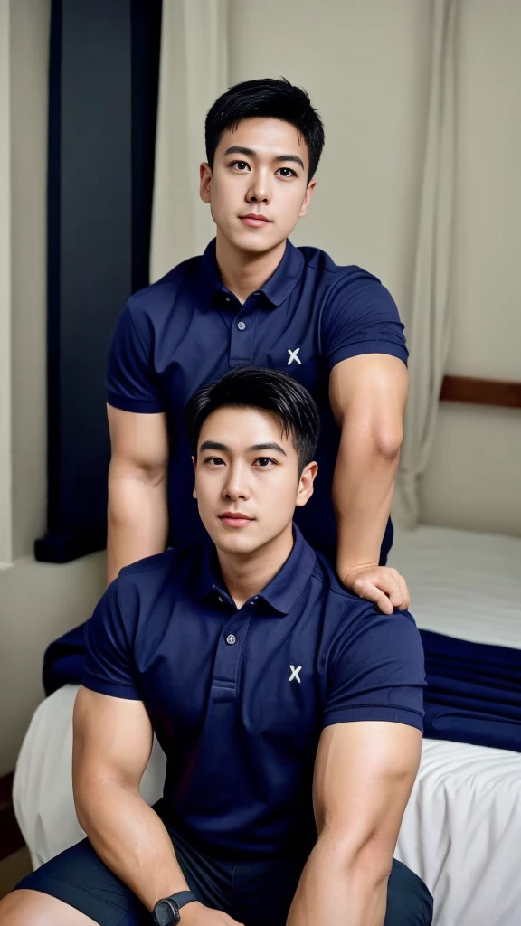 (Create a masterpiece: 1.2),(CGI art:1.3),(realistic:1.5),(After processing:1.3),(Sharp focus:1.3),10,1 man, smile, (Wear a dark blue polo shirt.), Navy cargo pants, Korean guy , korean men, (High gloss details), chest muscles, large arm muscles, blood vessel, Big muscles, Broad shoulders, looking at the audience, Balancing the eyes, In the middle of the road in the capital