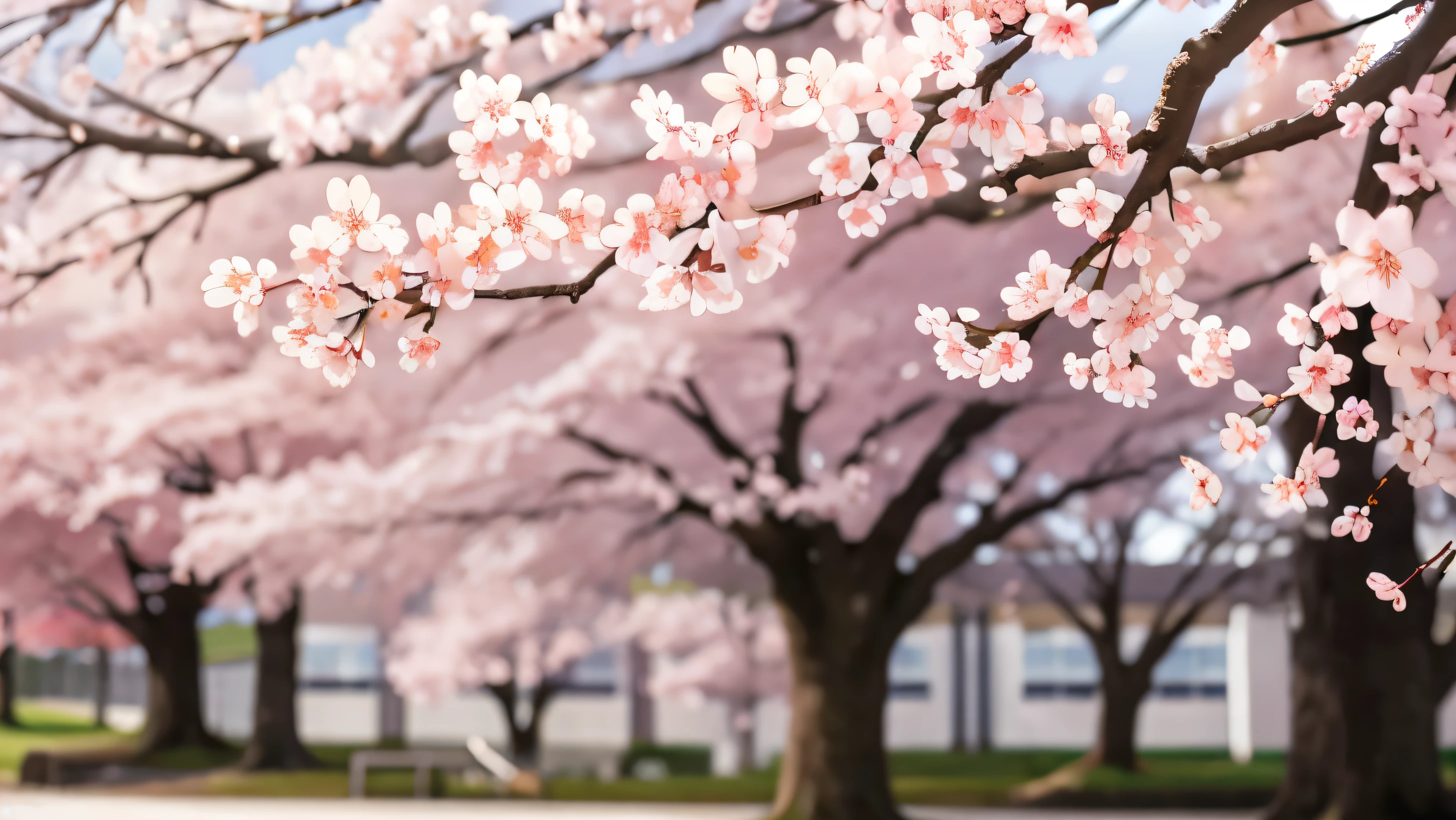 Cherry blossom, Catholic school, blurred, highlights cherry tree