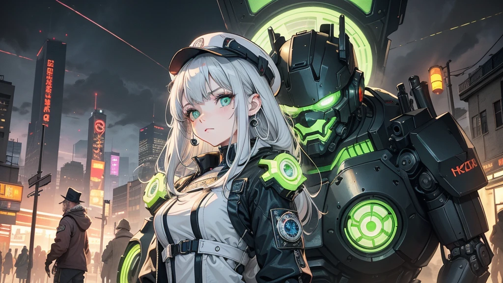 1 Girl, alone, colorful, Green Eyes, cyber punk, Mechanical Scrap Zone, Cityscape, Stud earrings, Long, messy white hair, Mechanical Hat, Mechanical Body, robotic Arm, Mecha, robot, Mechanical Maiden, Neon Light, Beautiful light, Character Focus, CG illustration, Bust Shot, 8K resolution, Very detailed, Anatomically correct, Digital Painting, Concept Art, Clear images