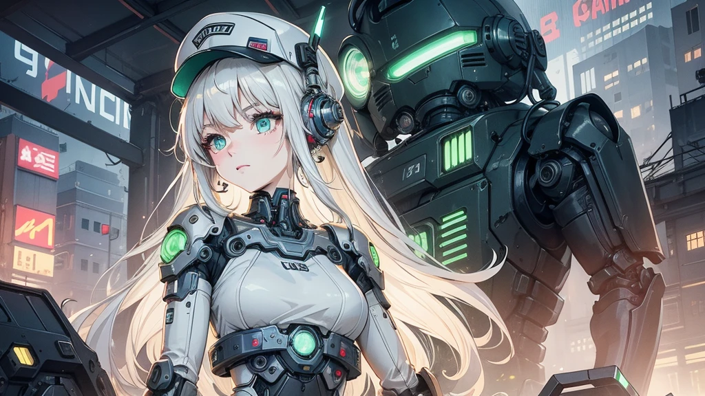 1 Girl, alone, colorful, Green Eyes, cyber punk, Mechanical Scrap Zone, Cityscape, Stud earrings, Long, messy white hair, Mechanical Hat, Mechanical Body, robotic Arm, Mecha, robot, Mechanical Maiden, Neon Light, Beautiful light, Character Focus, CG illustration, Bust Shot, 8K resolution, Very detailed, Anatomically correct, Digital Painting, Concept Art, Clear images