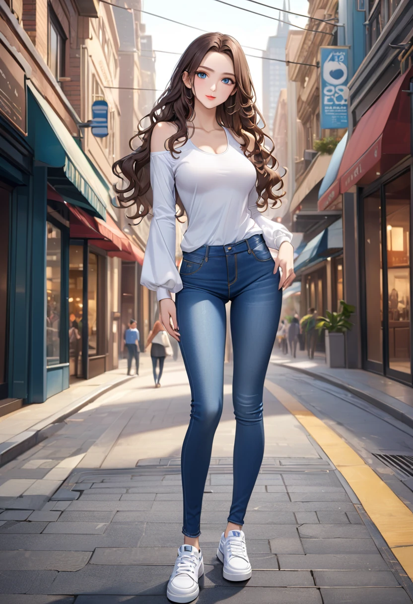 ((best quality, masterpiece:1.3, 8K)), (detailed), highly detailed face and skin texture, detailed eyes, downtown, full body, seductive pose, slender body, girl, 25 years old, white skin, blue eyes, bright lips, seductive smile, dark brown hair, wavy hair, long hair, (forehead:1.0), tight clothes, white top, bare shoulder, u-neck, long sleeves, jeans pants, tight jeans, light blue jeans, white sneakers,