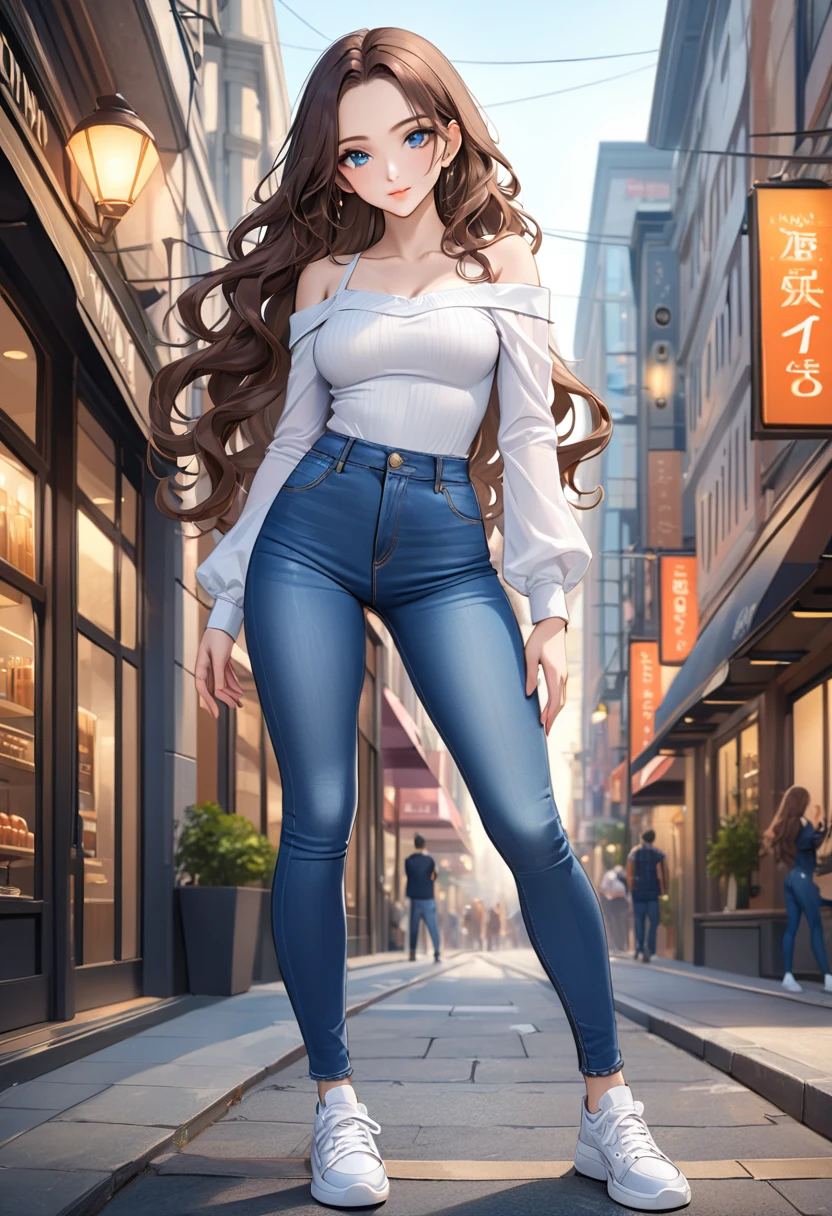 ((best quality, masterpiece:1.3, 8K)), (detailed), highly detailed face and skin texture, detailed eyes, downtown, full body, seductive pose, slender body, girl, 25 years old, white skin, blue eyes, bright lips, seductive smile, dark brown hair, wavy hair, long hair, (forehead:1.0), tight clothes, white top, bare shoulder, u-neck, long sleeves, jeans pants, tight jeans, light blue jeans, white sneakers,