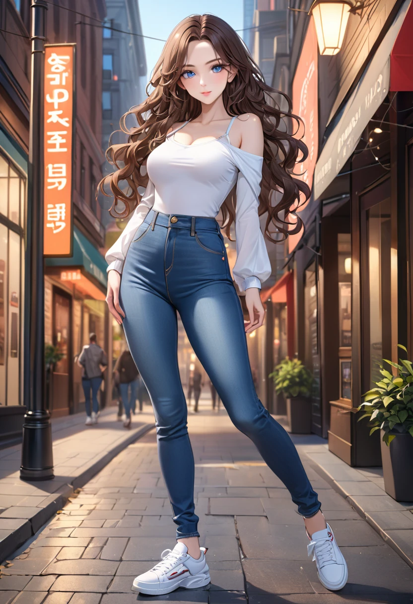 ((best quality, masterpiece:1.3, 8K)), (detailed), highly detailed face and skin texture, detailed eyes, downtown, full body, seductive pose, slender body, girl, 25 years old, white skin, blue eyes, bright lips, seductive smile, dark brown hair, wavy hair, long hair, (forehead:1.0), tight clothes, white top, bare shoulder, u-neck, long sleeves, jeans pants, tight jeans, light blue jeans, white sneakers,