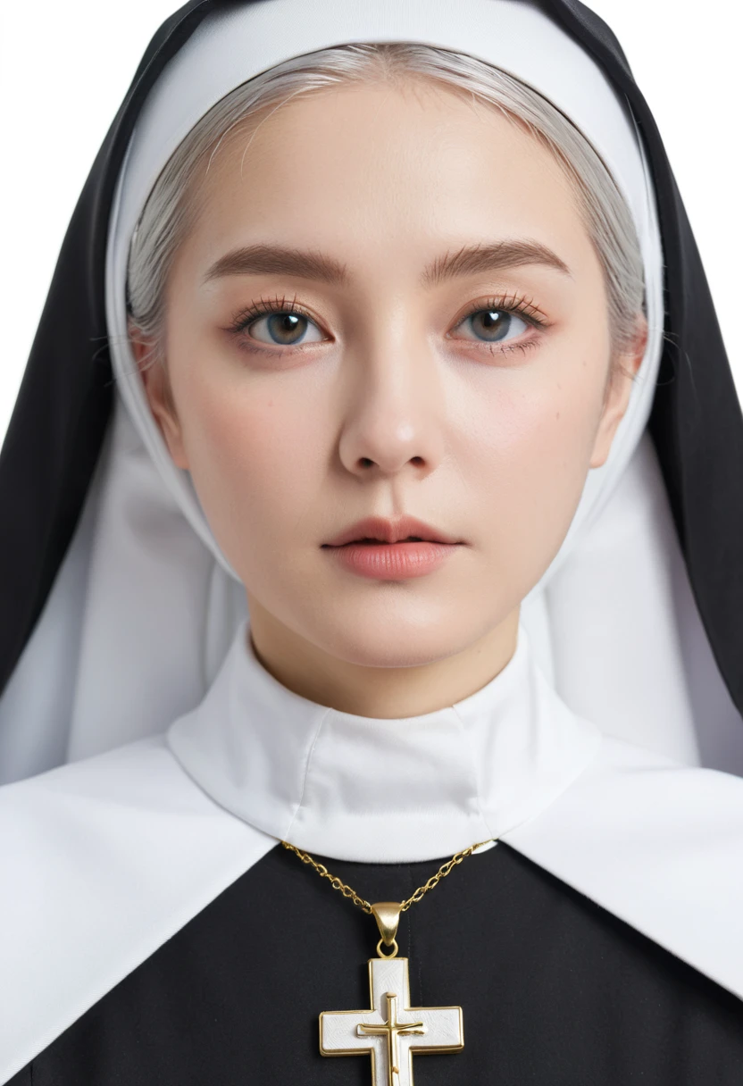 nun, cross, bible, white hair, church, realistic and detailed eyes