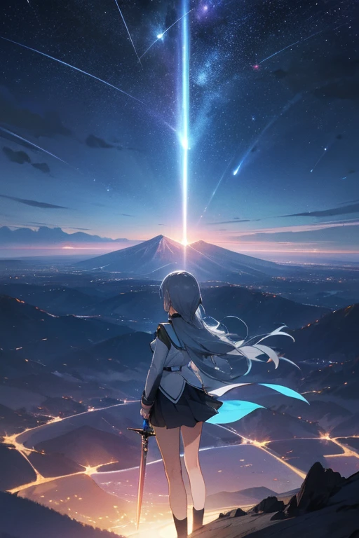 1 girl,Back view,Light gray uniform,skirt,Light blue sword,Mountain,city below,Night Sky,Moon on the top right,Shooting star in the center,A little far from the camera
