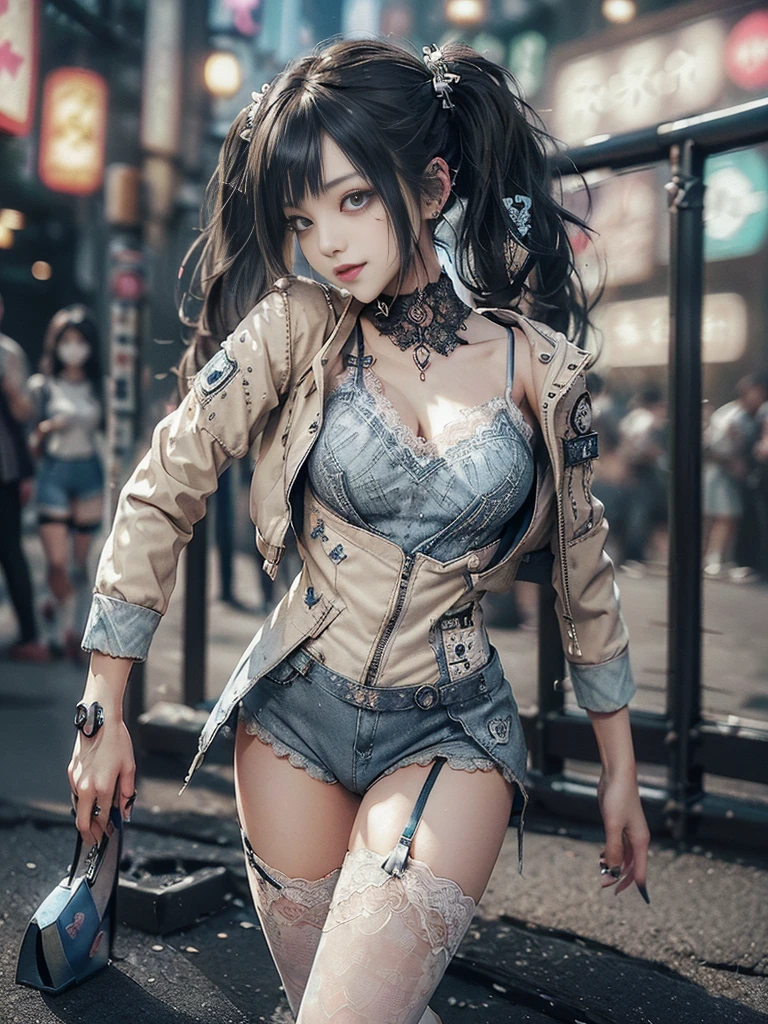 (Full Body View:1.2)、(Full body:1.3)、(Smiling with teeth showing:1.3),(Shibuya Gal:1.5)、(Hostess:1.4)、(Neo-goth fashion:1.5)、(Punk RockVisual Kei:1.3)、(Futuristic bodysuit in white, beige and denim with embellishments:1.5)、(A delicate short jacket in denim, beige and navy:1.5)、(Denim garter belt:1.5)、(Tattered denim and a white micro mini skirt:1.3)、(Heart-shaped silver accessories:1.5)、(Brown Skin Belt:1.4)、(Blue High Heels:1.4)、(Lace patterned underwear:1.4)、20-year-old、NSFW,((Highest quality、In 8K、masterpiece:1.3))、Sharp focus:1.2、(Layered Cut、Huge boobs:1.1),Beautiful woman with perfect figure:1.4、(Doing an aerobics pose:1.3)、Slender Abs:1.2、Butt、Highly detailed face and skin texture、Detailed eyes、double eyelid,(Twin tails:1.3)、(Black brown hair:1.3)、Obscene、Gravure idol、(Luxurious amusement park at night:1.3)、(Make your legs thinner:1.4)、(Thin thighs:1.4)、(Slim body:1.3)、(clavicle:1.1)