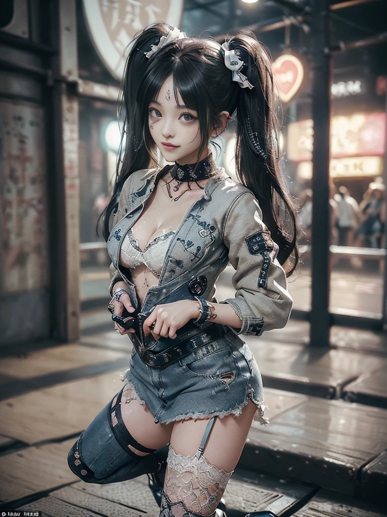 (Full Body View:1.2)、(Full body:1.3)、(Smiling with teeth showing:1.3),(Shibuya Gal:1.5)、(Hostess:1.4)、(Neo-goth fashion:1.5)、(Punk RockVisual Kei:1.3)、(Futuristic bodysuit in white, beige and denim with embellishments:1.5)、(A delicate short jacket in denim, beige and navy:1.5)、(Denim garter belt:1.5)、(Tattered denim and a white micro mini skirt:1.3)、(Heart-shaped silver accessories:1.5)、(Brown Skin Belt:1.4)、(Blue High Heels:1.4)、(Lace patterned underwear:1.4)、20-year-old、NSFW,((Highest quality、In 8K、masterpiece:1.3))、Sharp focus:1.2、(Layered Cut、Huge boobs:1.1),Beautiful woman with perfect figure:1.4、(Doing an aerobics pose:1.3)、Slender Abs:1.2、Butt、Highly detailed face and skin texture、Detailed eyes、double eyelid,(Twin tails:1.3)、(Black brown hair:1.3)、Obscene、Gravure idol、(Luxurious amusement park at night:1.3)、(Make your legs thinner:1.4)、(Thin thighs:1.4)、(Slim body:1.3)、(clavicle:1.1)