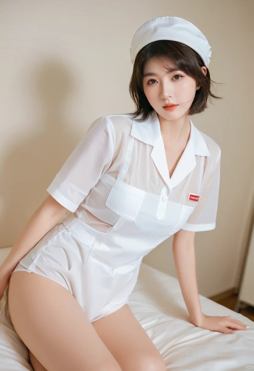 (highest quality、8K、32k、masterpiece、UHD:1.2)、photo of cute japanese woman、1 girl、(dark brown medium short hair)、(huge tit)、double eyelid、Take off your white nurse uniform、little white nurse (cap) 、White sheer underwear、full body esbian、Sexy