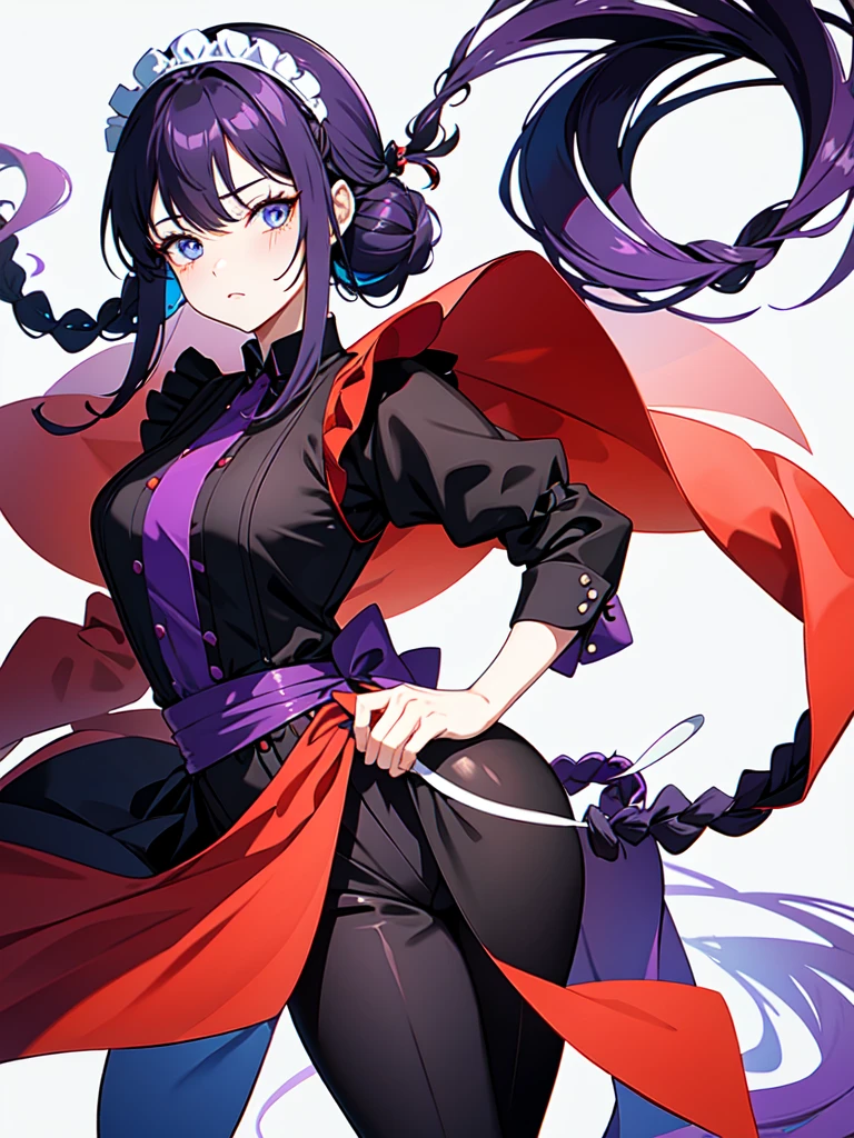 Dressed in maid uniform ,　Mature face,tall, Wearing black tights,Blue Eyes,Updo, Braided Hair, He wore black trousers, whole body黒の服, The skin is hidden　and gradient hair, (Ink blotches:1.1), (pale:1.2),(purple:1.2),(Red/Black:1.2), I was wearing long pants,cool,Dressed in a black robe, Toned body, one big woman, Nervous,Cowboy Shot, sketch (Character design sheet, same characters, whole body, Three-View, front, ~ ~ ~ side, return),(Very bright:1.1), White Background, [1 Girl:7], (Tilt your head:1.2), ([sketch|watercolor \(Moderate\)]:1.15),Chaotic Abstract Background, Vector Trace, Gradient Blending, Bright colors, that&#39;wonderful, Very detailed, Complex, (Very low contrast:1.4