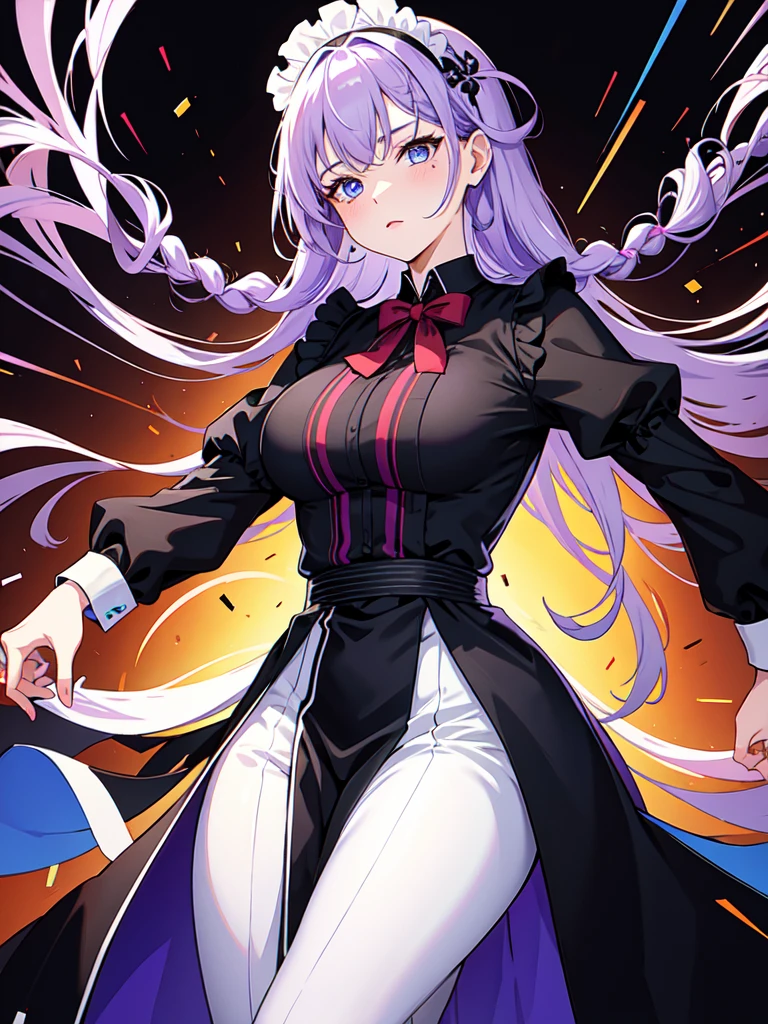 Dressed in maid uniform ,　Mature face,tall, Wearing black tights,Blue Eyes,Updo, Braided Hair, He wore black trousers, whole body黒の服, The skin is hidden　and gradient hair, (Ink blotches:1.1), (pale:1.2),(purple:1.2),(Red/Black:1.2), I was wearing long pants,cool,Dressed in a black robe, Toned body, one big woman, Nervous,Cowboy Shot, sketch (Character design sheet, same characters, whole body, Three-View, front, ~ ~ ~ side, return),(Very bright:1.1), White Background, [1 Girl:7], (Tilt your head:1.2), ([sketch|watercolor \(Moderate\)]:1.15),Chaotic Abstract Background, Vector Trace, Gradient Blending, Bright colors, that&#39;wonderful, Very detailed, Complex, (Very low contrast:1.4