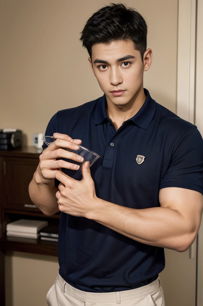 A male police officer in his 20s poses for a group photo., Wear a navy blue polo shirt., high resolution, Masterpiece, best quality, head:1.3,, Smooth and fine skin, clear focus, (movie light), during the night, gentle light, Dynamic angle, (detailed face:1.2), (((exercise))), sport, His arm muscles were very big., hand in crotch, in his bedroom ,natural and delicate,