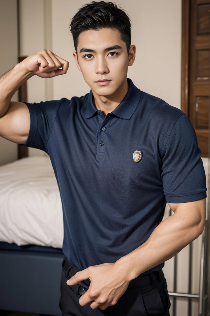 A male police officer in his 20s poses for a group photo., Wear a navy blue polo shirt., high resolution, Masterpiece, best quality, head:1.3,, Smooth and fine skin, clear focus, (movie light), during the night, gentle light, Dynamic angle, (detailed face:1.2), (((exercise))), sport, His arm muscles were very big., hand in crotch, in his bedroom ,natural and delicate,