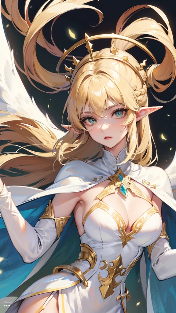 Photograph of the upper body of a beautiful woman, (nomal breasts, perfect body), Sharp focus, (proportional body , mature woman), ((Looking ahead)), (Highly detailed skin, hair follicles:1.4,),
( long hairstyles) blond hair, green eyes, angels , elf ears, fantasy (wear white cape), (white cloth), warriors , elegant, luxury, long skirts
wear accessories , wear crowns ,