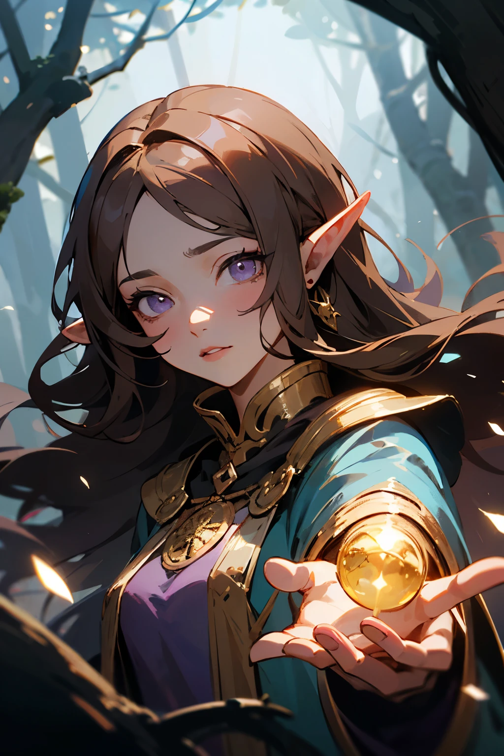 (masterpiece), best quality, expressive eyes, perfect face, DnD Character, Young woman, Half-elf, druid, long brown hair, lavender purple eyes, gold accessories, fair skin, in forest, druid clothing, magical glowing, magical forest, night time