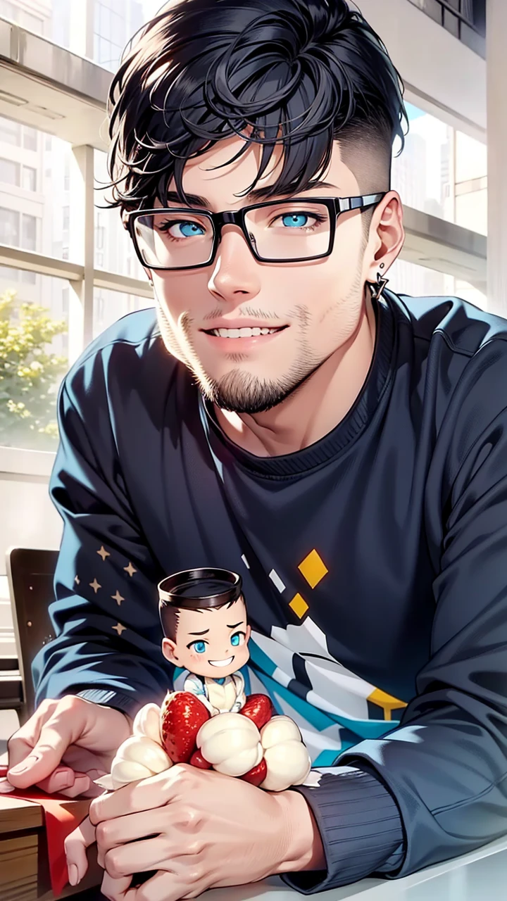 1boy, short earrings, tall guy, smiling face, beautiful accurate dark cyan eyes, #003840 hair, body is well proportioned, white jacket, silver jeans, his in the neighborhood, looking at viewer, high resolution, ultrasharp, 8k, masterpiece