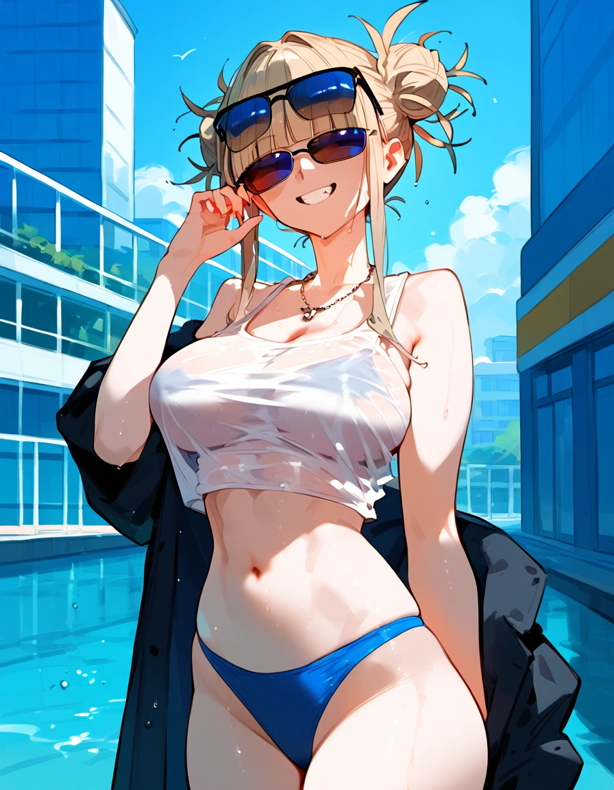 anime artwork, score_9, score_8_up, score_7_up, score_6_up, score_5_up, score_4_up, floox style //////Himiko toga, big breasts, she is 24 years old, style_3, , wearing only shirt, wet shirt, tank top, , naked, sunglasses covered eyes, solo, bikini under clothes, smile
