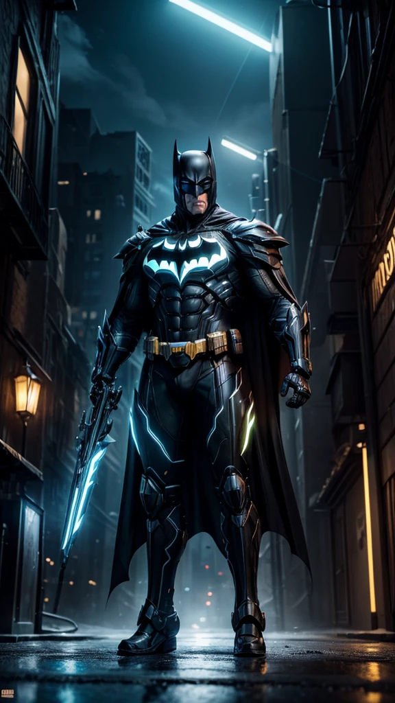Masterpiece, best quality, NVIDIA RTX, sharp picture, cinematic lightning, hi-tech futuristic batman, perfect face details, proportional body, facial hair, luminous eyes:1.3, perfect mouth:1.3, neon luminous mecha-armor:1.3, black gold cybernetic-armor:1.3, perfect cape, cape blown by strong winds:1.3, symmetrical pose, full body, epic lights reflections, night, dark alley, fogs