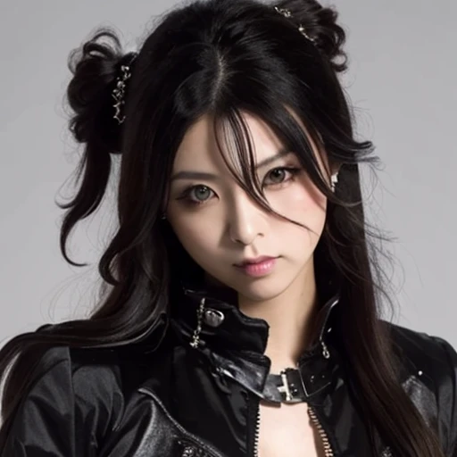 1 Japanese woman, female, Asian eyes, dragon, hairstyle in Visual Kei style, hair Visual Kei, outfit rocker,  ultra-detailed face and eyes, hyper-realistic, realistic representation, 30 years old, age 30 years, full body,  black and blonde hair