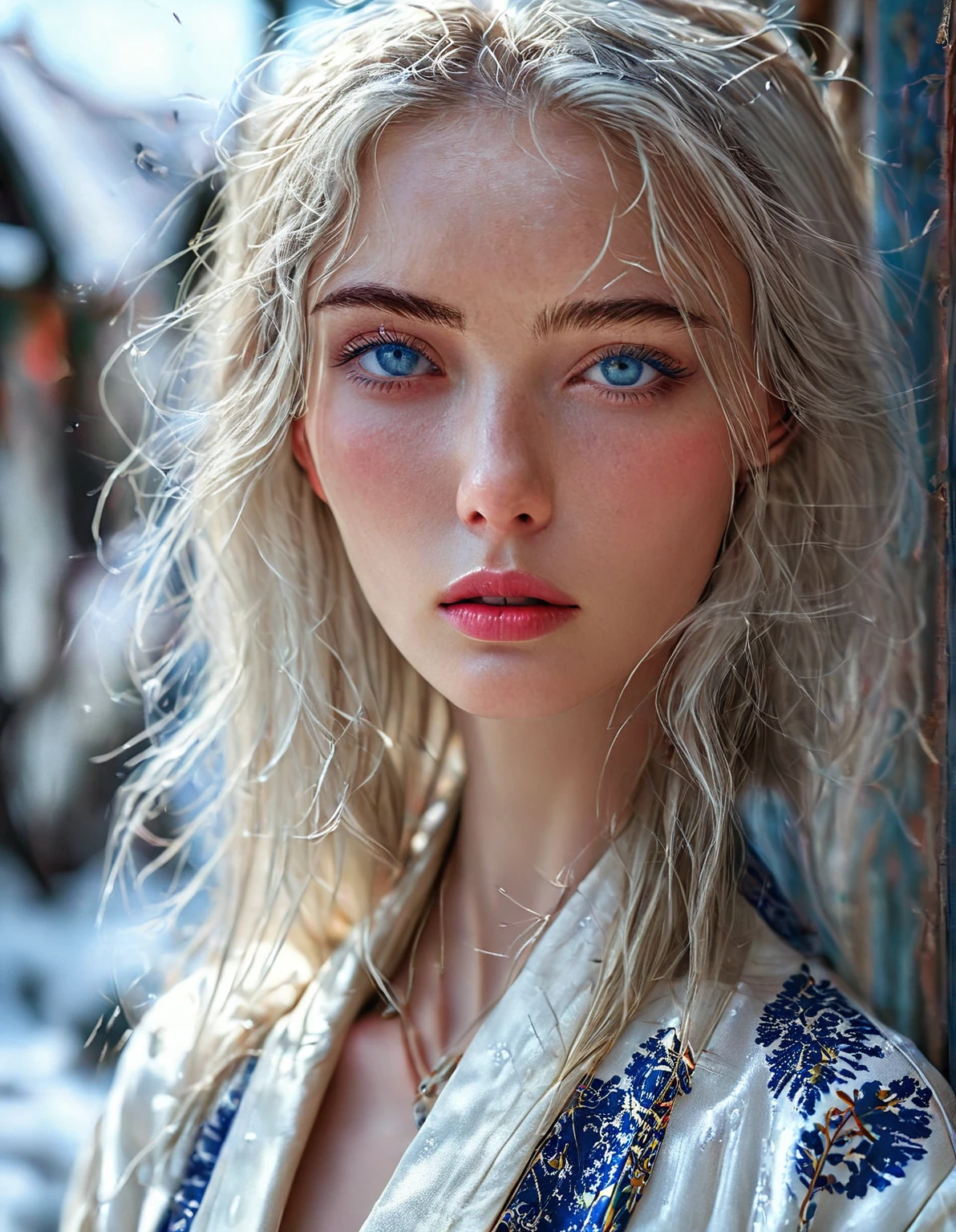 bombshell beauty, close up of face, young woman, 22 year old woman, young, woman who looks like a model from Paris Fashion Week, silvery long hair, straight hair texture, straight hair, silvery eyebrows, blue eyes, beautiful detailed eyes, white skin, ridiculously long hair, perfect face, high resolution, sharp focus, ultra detailed, highly detailed, photorealistic artwork, highly detailed CG unity, 8k, wallpaper, vibrant colors, vibrant theme, exquisite, masterpiece, best quality, artistic photography, photo by sldr, exquisite background) perfectly rendered face, perfect facial details, realistic face, photorealistic, exquisite details, realism, snowstorm, wide field of view, background is snowy mountains, white kimono