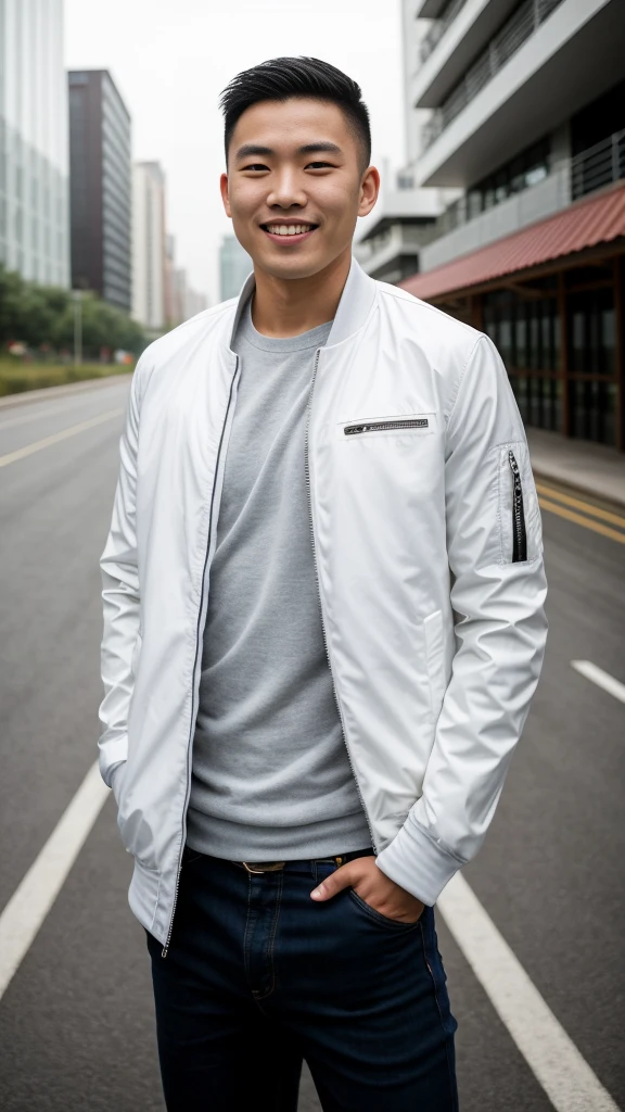 Masterpiece, best quality best, 1 young man, Asian man, East Asian people, one person, The muscles are in good proportion., Posing obscenely, short hair details, white teeth, jacket set, road background, Realistic style,photography,Can be seen from the front, see viewers