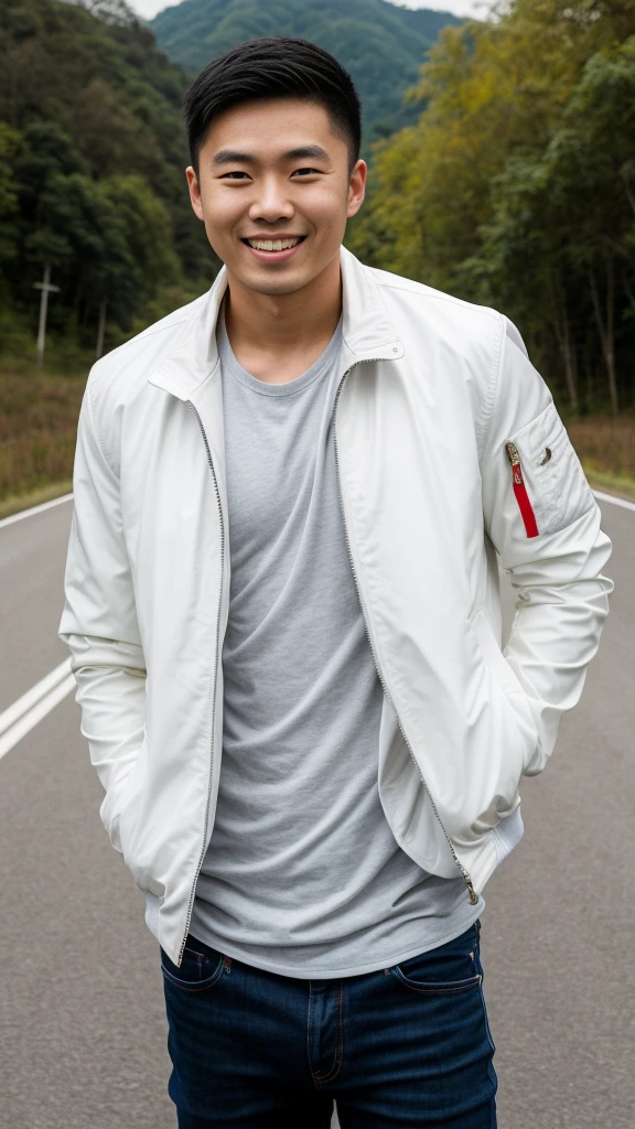 Masterpiece, best quality best, 1 young man, Asian man, East Asian people, one person, The muscles are in good proportion., Posing obscenely, short hair details, white teeth, jacket set, road background, Realistic style,photography,Can be seen from the front, see viewers
