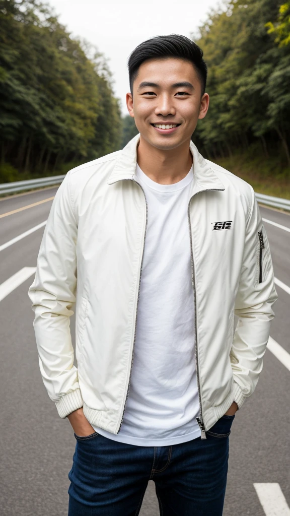 Masterpiece, best quality best, 1 young man, Asian man, East Asian people, one person, The muscles are in good proportion., Posing obscenely, short hair details, white teeth, jacket set, road background, Realistic style,photography,Can be seen from the front, see viewers