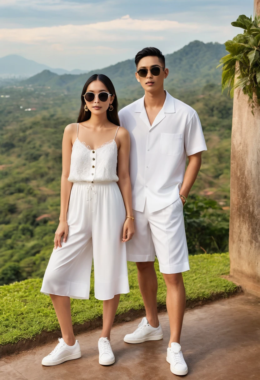 candid fashion illustration of young mixed Asian man and woman, both aged 20 year old, ((showcase fashion look book in a White rayon outfits)), inspired by Zara's resort collection 2020 in elegant young bohemian style. The man wears an oversized short-sleeved bowling white shirt with a pocket details, paired with relaxed-fit white Sports Wide Leg Shorts Baggy short and Drawstring, He completes his look with white sneakers, sunglasses and bracelet. The woman complements him in a white Ankle-length dress in a rayon with delicate lace insets, V-shaped neckline, covered buttons down the front and an open section, spaghetti shoulder straps, Gathered tiers down the skirt and a scalloped hem, Her ensemble includes an accessorizes with a wide-brimmed straw hat, white sneakers and necklace. Captured in a low angle, ((full-body image)), The photograph is taken with a Canon EOS R camera using an 85mm f/1.8 lens at an f/2.2 aperture, utilizing natural light. Employing three-point lighting and incorporating 3D animation shadows enhances his features and adds depth to the composition. The careful layering and arrangement of his body parts and surrounding objects ensure a flawless composition. This masterpiece celebrates the beauty of the male form and invites viewers to immerse themselves in a world of sophistication and charm. The seductive lighting and intricate details, combined with a dramatic composition, invite viewers to revel in the essence of a fun-filled day, brimming with joy and relaxation. Attention is meticulously paid to the layers and arrangement of his body parts and surrounding objects, ensuring correct body structure and photo distance. The romantic atmosphere, paired with a lively and extremely gorgeous Chiangmai city background, enhances the overall allure of this exquisite image.