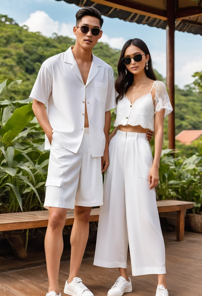 candid fashion illustration of young mixed Asian man and woman, both aged 20 year old, ((showcase fashion look book in a White rayon outfits)), inspired by Zara's resort collection 2020 in elegant young bohemian style. The man wears an oversized short-sleeved bowling white shirt with a pocket details, paired with relaxed-fit white Sports Wide Leg Shorts Baggy short and Drawstring, He completes his look with white sneakers, sunglasses and bracelet. The woman complements him in a white Ankle-length dress in a rayon with delicate lace insets, V-shaped neckline, covered buttons down the front and an open section, spaghetti shoulder straps, Gathered tiers down the skirt and a scalloped hem, Her ensemble includes an accessorizes with a wide-brimmed straw hat, white sneakers and necklace. Captured in a low angle, ((full-body image)), The photograph is taken with a Canon EOS R camera using an 85mm f/1.8 lens at an f/2.2 aperture, utilizing natural light. Employing three-point lighting and incorporating 3D animation shadows enhances his features and adds depth to the composition. The careful layering and arrangement of his body parts and surrounding objects ensure a flawless composition. This masterpiece celebrates the beauty of the male form and invites viewers to immerse themselves in a world of sophistication and charm. The seductive lighting and intricate details, combined with a dramatic composition, invite viewers to revel in the essence of a fun-filled day, brimming with joy and relaxation. Attention is meticulously paid to the layers and arrangement of his body parts and surrounding objects, ensuring correct body structure and photo distance. The romantic atmosphere, paired with a lively and extremely gorgeous Chiangmai city background, enhances the overall allure of this exquisite image.