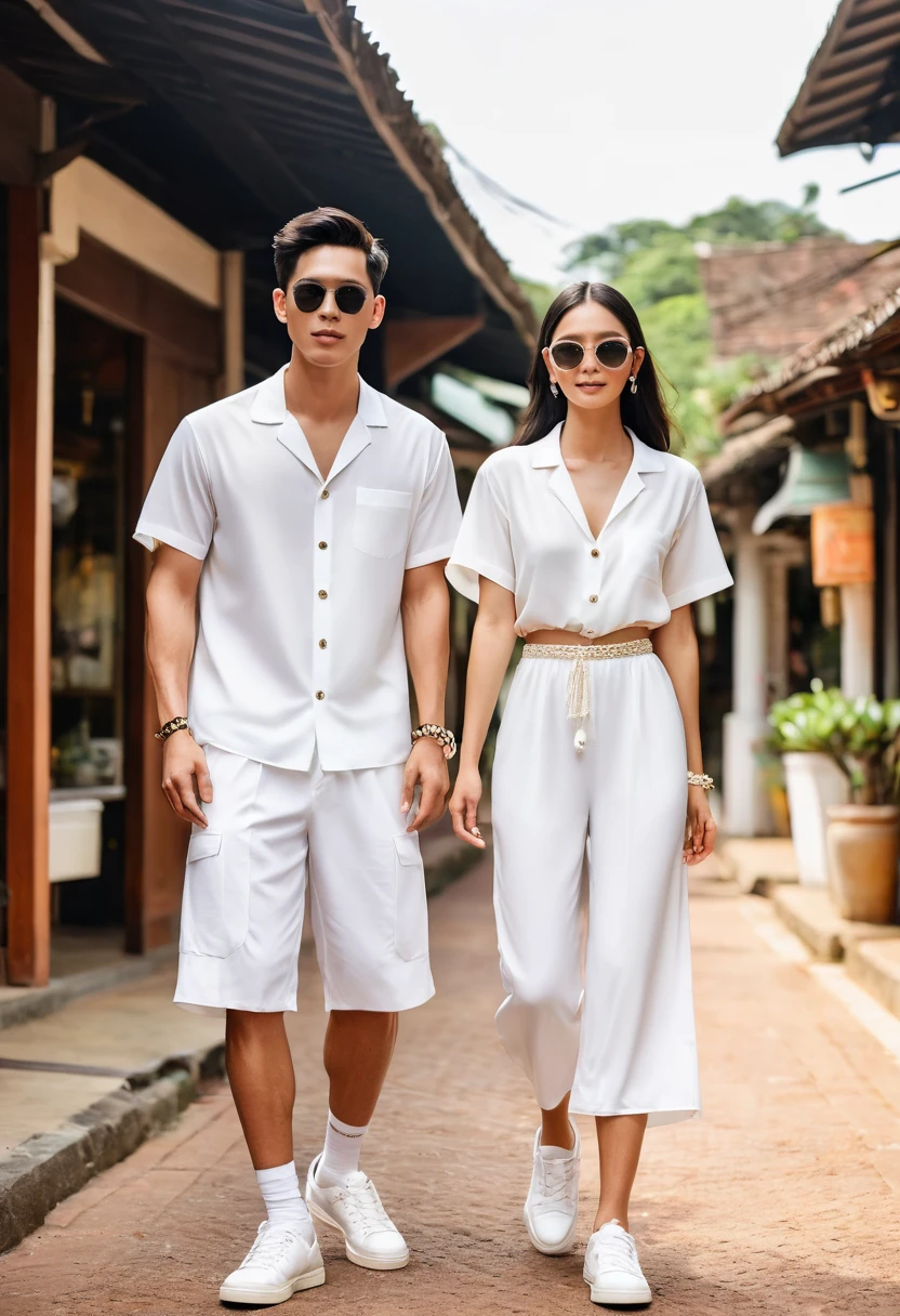 candid fashion illustration of young mixed Asian man and woman, both aged 20 year old, ((showcase fashion look book in a White rayon outfits)), inspired by Zara's resort collection 2020 in elegant young bohemian style. The man wears an oversized short-sleeved bowling white shirt with a pocket details, paired with relaxed-fit white Sports Wide Leg Shorts Baggy short and Drawstring, He completes his look with white sneakers, sunglasses and bracelet. The woman complements him in a white Ankle-length dress in a rayon with delicate lace insets, V-shaped neckline, covered buttons down the front and an open section, spaghetti shoulder straps, Gathered tiers down the skirt and a scalloped hem, Her ensemble includes an accessorizes with a wide-brimmed straw hat, white sneakers and necklace. Captured in a low angle, ((full-body image)), The photograph is taken with a Canon EOS R camera using an 85mm f/1.8 lens at an f/2.2 aperture, utilizing natural light. Employing three-point lighting and incorporating 3D animation shadows enhances his features and adds depth to the composition. The careful layering and arrangement of his body parts and surrounding objects ensure a flawless composition. This masterpiece celebrates the beauty of the male form and invites viewers to immerse themselves in a world of sophistication and charm. The seductive lighting and intricate details, combined with a dramatic composition, invite viewers to revel in the essence of a fun-filled day, brimming with joy and relaxation. Attention is meticulously paid to the layers and arrangement of his body parts and surrounding objects, ensuring correct body structure and photo distance. The romantic atmosphere, paired with a lively and extremely gorgeous Chiangmai city background, enhances the overall allure of this exquisite image.