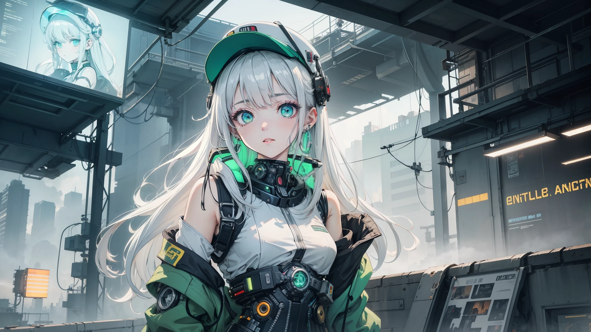 1 Girl, alone, colorful, Green Eyes, cyber punk, Mechanical Scrap Zone, Cityscape, Stud earrings, Long, messy white hair, Mechanical Hat, Mechanical Body, robotic Arm, Mecha, robot, Mechanical Maiden, Neon Light, Beautiful light, Character Focus, CG illustration, Bust Shot, 8K resolution, Very detailed, Anatomically correct, Digital Painting, Concept Art, Clear images