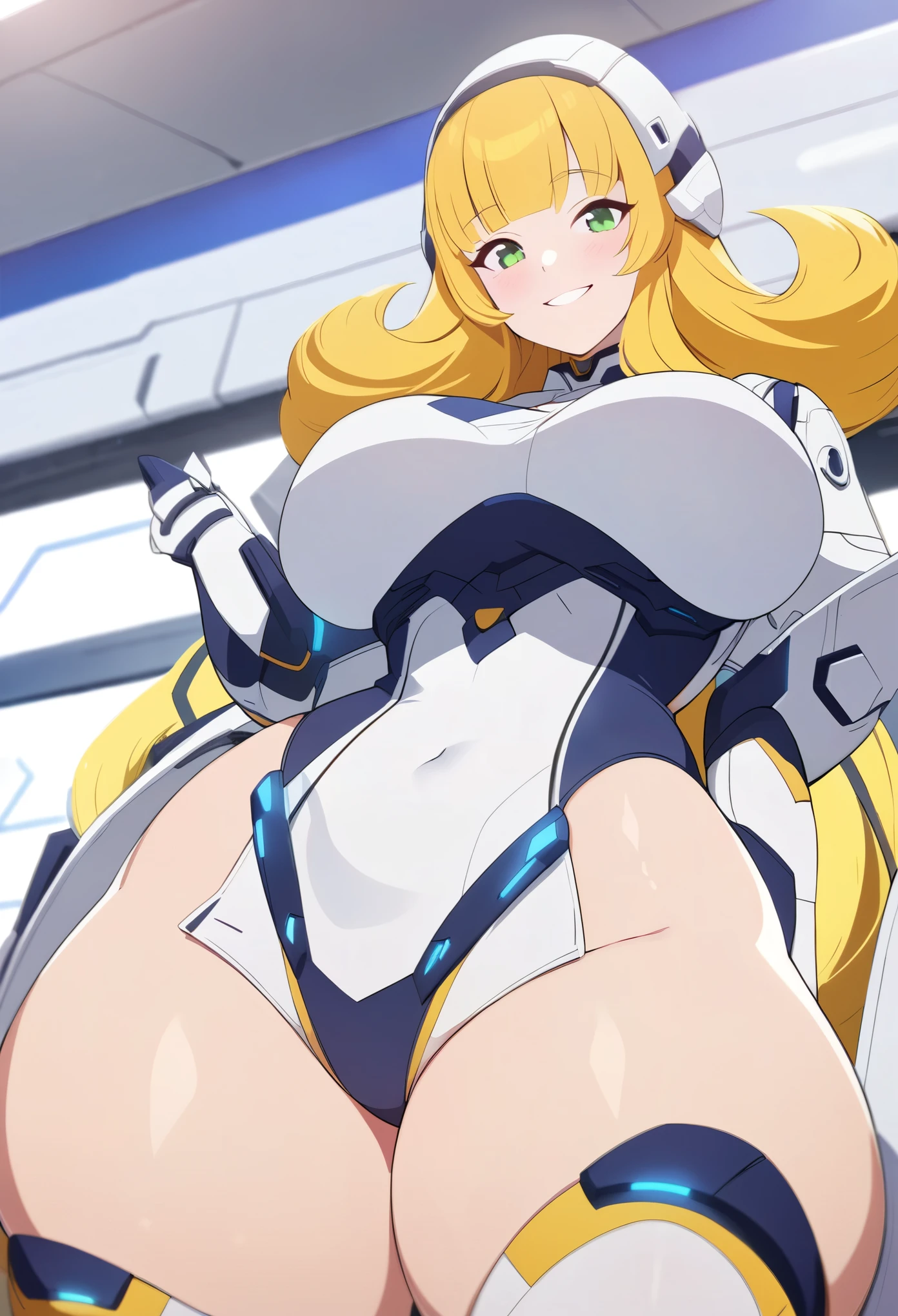 young woman, 21 years old, thick thighs, curvy body shapes, Science fiction, yellow hair, sexy costume, smile, fun