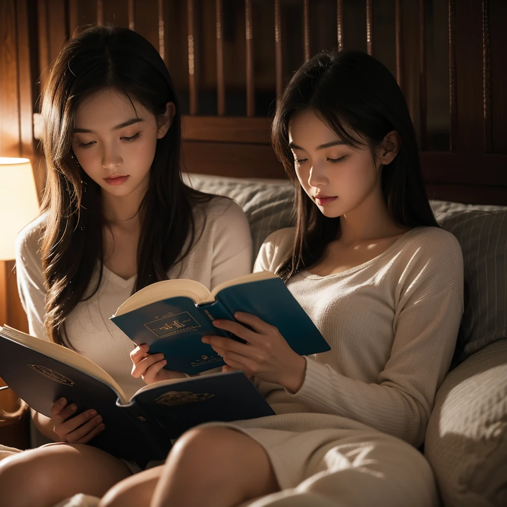 The most beautiful girl reading books in the bedroom at night during the rain outside