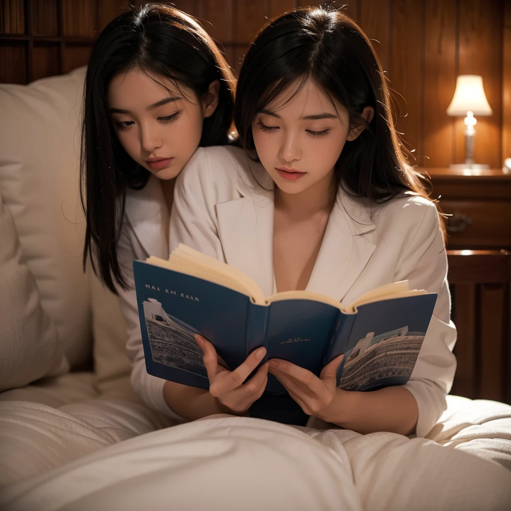 The most beautiful girl reading books in the bedroom at night during the rain outside
