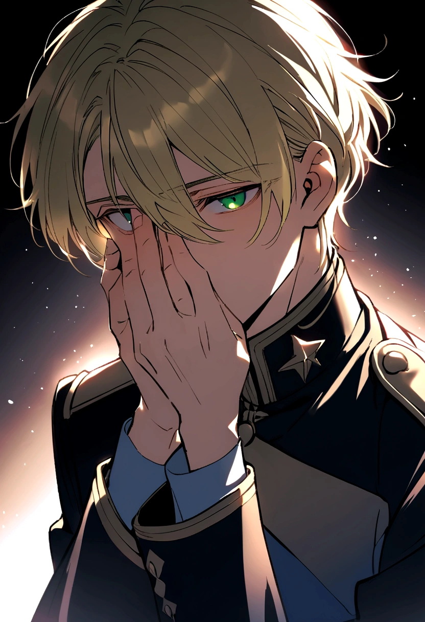 Male around 20 years old,Blonde hair with blue gradation at the ends,Green Eyes,He is wearing a uniform,Put your hands on your face,