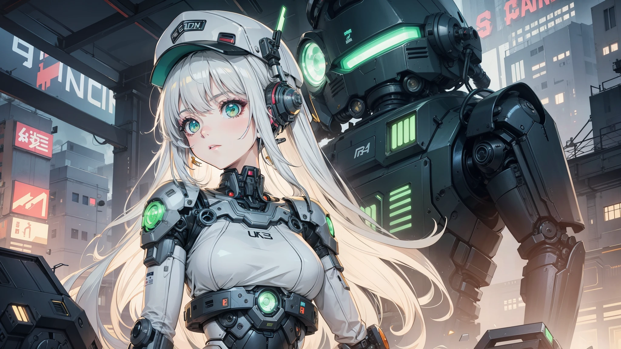 1 Girl, alone, colorful, Green Eyes, cyber punk, Mechanical Scrap Zone, Cityscape, Stud earrings, Long, messy white hair, Mechanical Hat, Mechanical Body, robotic Arm, Mecha, robot, Mechanical Maiden, Neon Light, Beautiful light, Character Focus, CG illustration, Bust Shot, 8K resolution, Very detailed, Anatomically correct, Digital Painting, Concept Art, Clear images