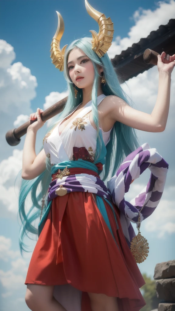 beautyful jananense girl, Wearing a white sleeveless kimono, gian seel mace, realistic