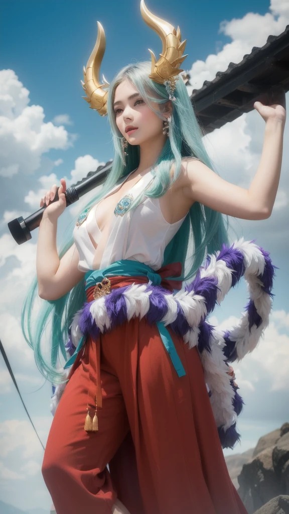 beautyful jananense girl, Wearing a white sleeveless kimono, gian seel mace, realistic