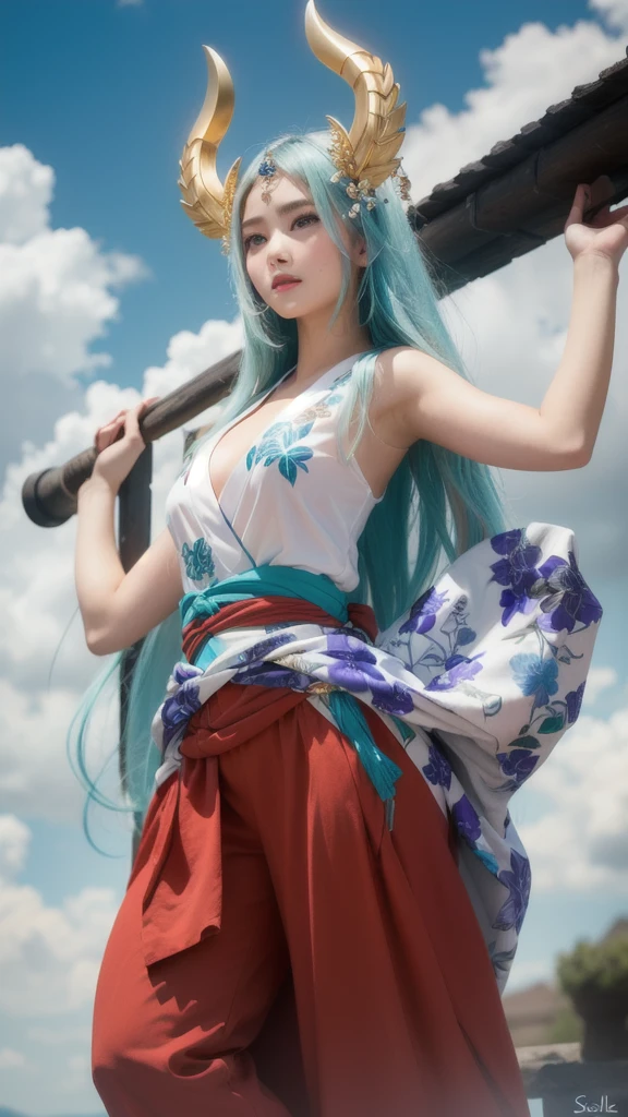 beautyful jananense girl, Wearing a white sleeveless kimono, gian seel mace, realistic