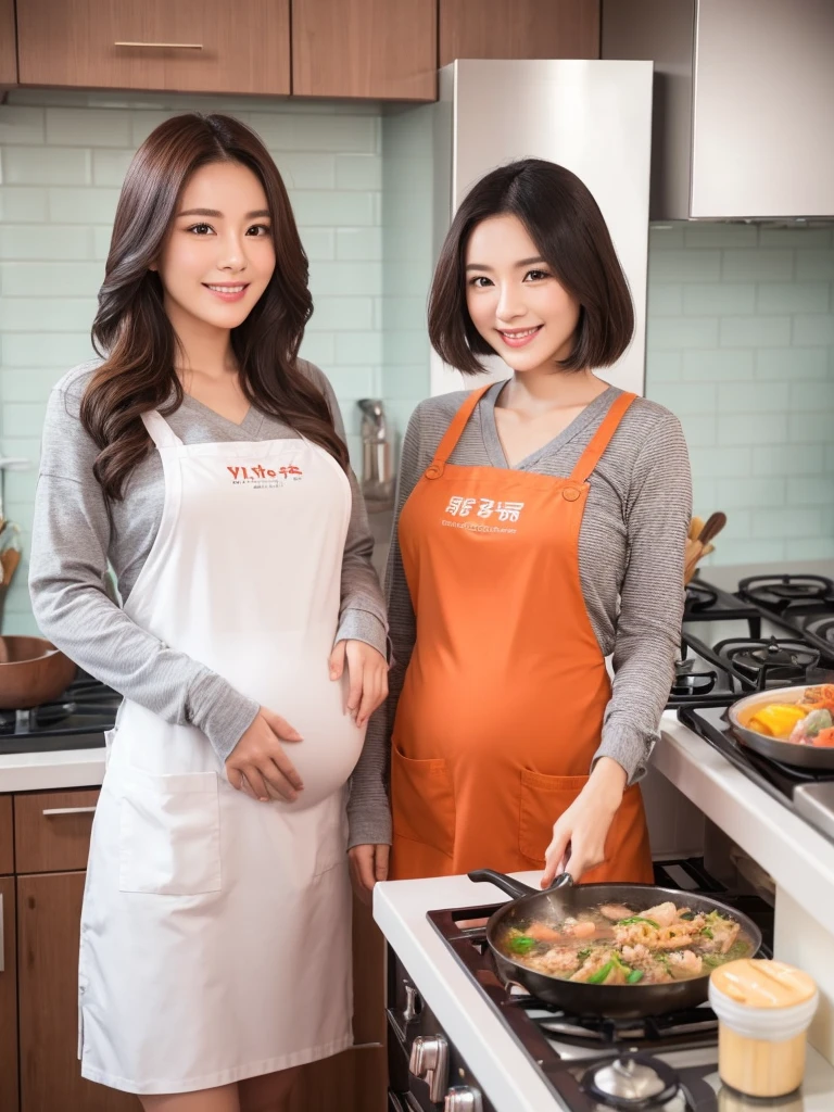 Two different gentle and virtuous China、Singapore、Beautiful woman in Japan,They are both pregnant.,Super Beauty、One is short hair、One has long hair,They both endorse a product to prevent oil smoke,The two of them took a photo together standing next to the range hood in the kitchen,The range hood is extracting smoke,Wear an orange apron with a logo,The logo of the apron is the eye-catching Chinese character "小丌",Wear a V-neck long-sleeved T-shirt inside,Holding up the spatula,Gas stove cooking,Beautiful woman showing charming smile、White Teeth,Make women and men look like they like them very much,In line with Chinese aesthetics、Big breasts、Double eyelids,Focus、Ultra high definition,Proportionate body,Fair skin,Perfect shape of every body part,Elegant posture、Requires perfection in work、No flaws,