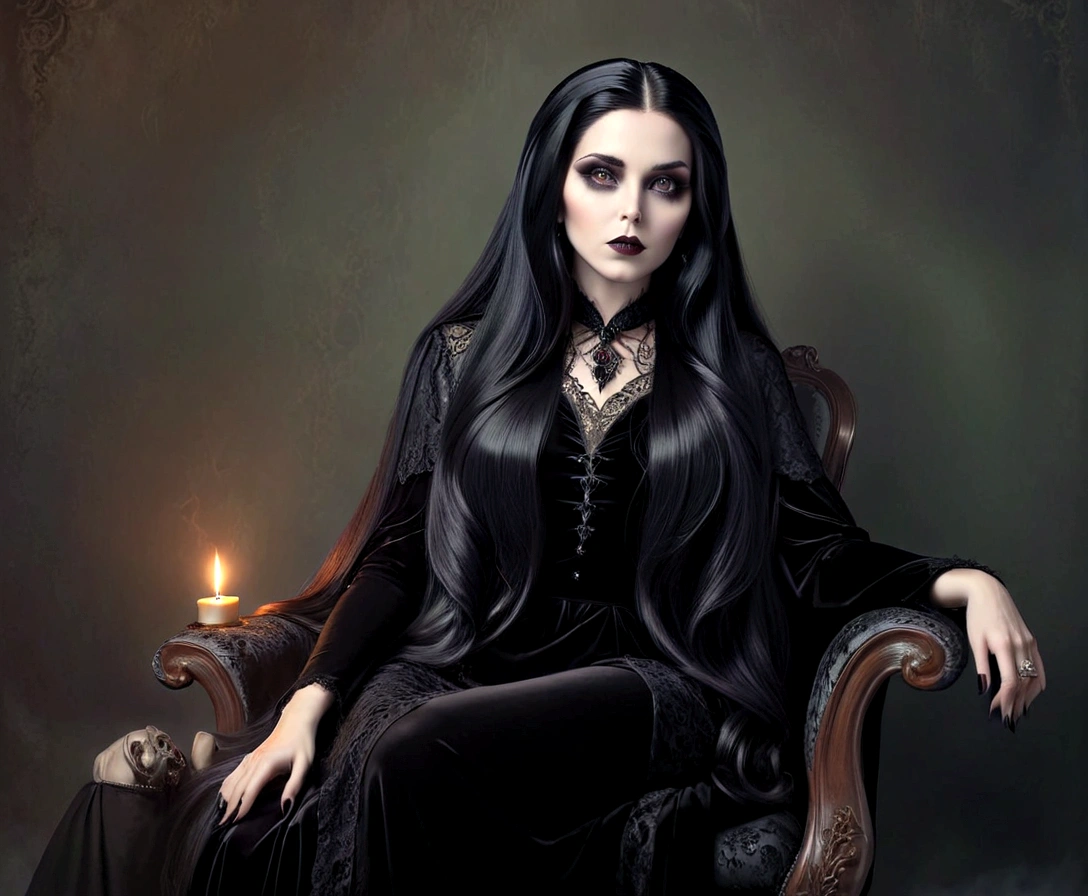 arafed woman sitting in a chair with long black hair, portrait of a dark witch, goth woman, mona lisa as a goth girl, morticia addams, long raven hair, gothic princess portrait, portrait of a lady vampire, creepy gothic portrait, an elegant gothic princess, dark goth queen, amy adams as morticia addams