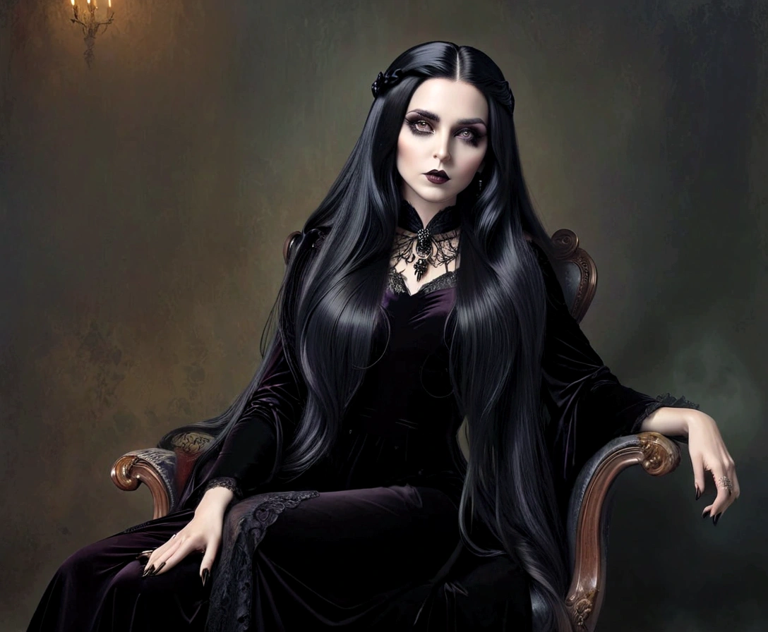 arafed woman sitting in a chair with long black hair, portrait of a dark witch, goth woman, mona lisa as a goth girl, morticia addams, long raven hair, gothic princess portrait, portrait of a lady vampire, creepy gothic portrait, an elegant gothic princess, dark goth queen, amy adams as morticia addams