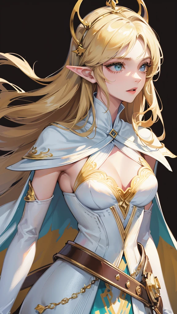 Photograph of the upper body of a beautiful woman, (nomal breasts, perfect body), Sharp focus, (proportional body , mature woman), ((Looking ahead)), (Highly detailed skin, hair follicles:1.4,),
( long hairstyles) blond hair, green eyes, angels , elf ears, fantasy (wear white cape), (white cloth), warriors , elegant, luxury, long skirts
wear accessories , wear crowns ,