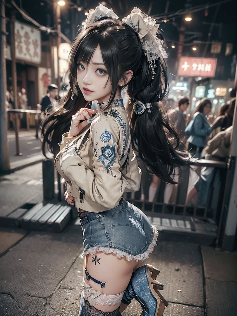 (Full Body View:1.4)、(Side view:1.2)、(Smiling with teeth showing:1.3),(Shibuya Gal:1.5)、(Hostess:1.4)、(Neo-goth fashion:1.5)、(Punk RockVisual Kei:1.3)、(Futuristic bodysuit in white, beige and denim with embellishments:1.5)、(A delicate short jacket in denim, beige and navy:1.5)、(Denim garter belt:1.5)、(Tattered denim and a white micro mini skirt:1.3)、(Heart-shaped silver accessories:1.5)、(Brown Skin Belt:1.4)、(Blue High Heels:1.4)、(Lace patterned underwear:1.4)、20-year-old、NSFW,((Highest quality、In 8K、masterpiece:1.3))、Sharp focus:1.2、(Layered Cut、Huge boobs:1.1),Beautiful woman with perfect figure:1.4、(Doing an aerobics pose:1.3)、Slender Abs:1.2、Butt、Highly detailed face and skin texture、Detailed eyes、double eyelid,(Twin tails:1.3)、(Black brown hair:1.3)、Obscene、Gravure idol、(Luxurious amusement park at night:1.3)、(Make your legs thinner:1.4)、(Thin thighs:1.4)、(Slim body:1.3)、(clavicle:1.1)