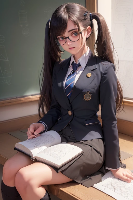(((best qualityer), (hyper realist), mh-yk, 1 , alone, blackquality hair, eyes browns, long  hair, wearing private university uniform, blue blazer style with buttons, tie and tight skirt followed by knee socks,, big fit ass,, twintails, plein-air, hair rings, gazing at viewer, university anatomy club scene, de pé encostada na loja gazing at viewer, sweet look, inside a closed room with a blackboard behind full of drawings of the human body